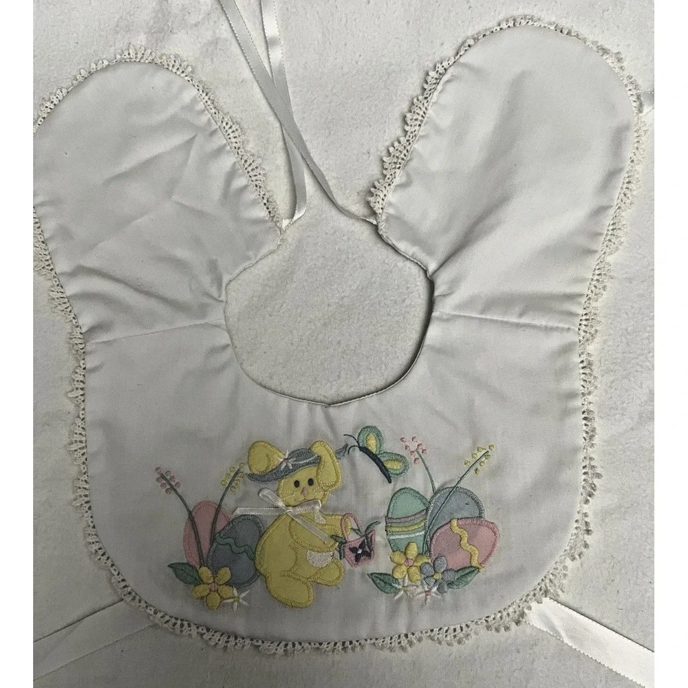 VTG Scalloped Edge Reversible‎ Baby Bib w' Hand Embroidered Bunny Eggs Flowers
